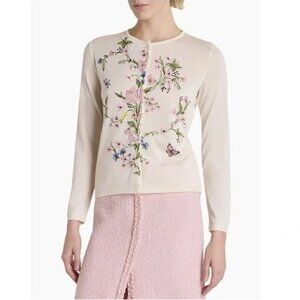 Giambattista Valli Floral Embroidered Knit Cardigan, Ivory, Size IT 42/US 6